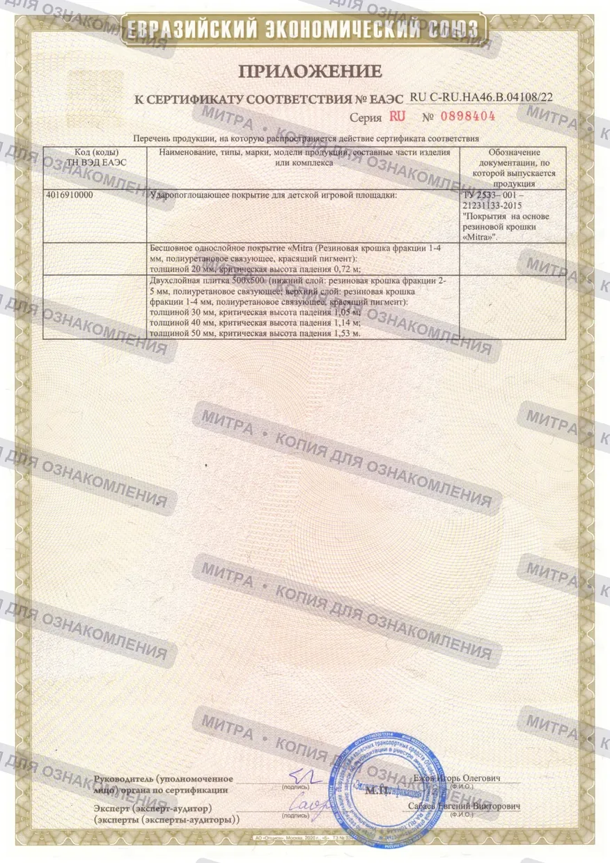 Приложение к сертификату, страница 2